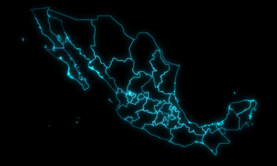 Outline Map of Mexico with States with Regions in Black Background