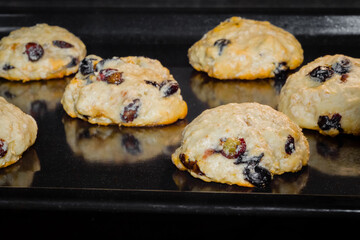 Process of cooking many homemade yellow crunchy oatmeal raisin cookies on metal sheet in oven - close up view. Dessert, cookery, baking, gastronomy and food concept