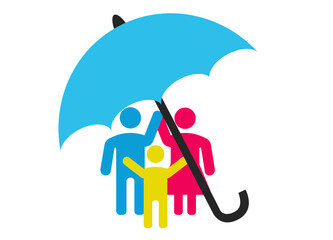 family standing under umbrella.
family insurance idea concept.