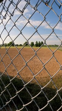 Wide-angle views of an empty baseball or softball field as viewed through a chain-link fence. Blue skies above and green leafy trees in the distance.