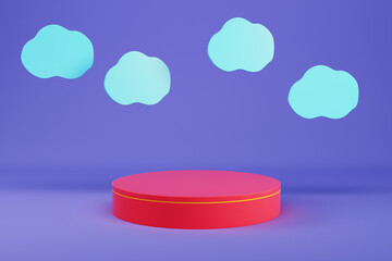 Red cylinder pedestal with abstract clouds for product display.