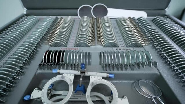 A set of lenses for checking vision and selecting glasses with different diopters. Selection of glasses for vision.