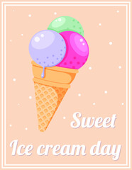 Ice cream day vintage postcard. Sweet pastel retro card with fruit ice cream waffle cone, frame and greeting text. Cool tasty concept. Frozen dessert food art. Isolated flat vector illustration