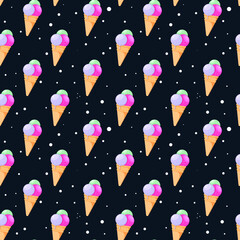 Ice cream seamless pattern. Sweet waffle cones isolated on dark background. Frozen dessert art. Tasty flat vector illustration for fabric, wrapping paper, wallpaper, food packaging, menu design 