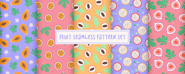 Seamless fruit pattern set. Papaya, maracuja, lychee, dragon fruit pitaya, fig. Hand drawn doodle collection. Exotic plant vector. Pastel tropic fabric print, wallpaper, wrapping paper, package, menu