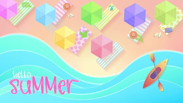 Beach scene in summer, top view. Animated video of a holiday at the resort. Sandy beach with sun loungers and rotating parasols. Lettering Hello Summer