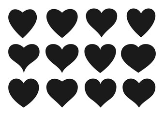 Hearts icons set. Flat black elements wich text greeting wedding card. Romantic holiday symbol love Valentine Day. Heart decorative graphic design shape isolated vector illustration