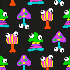 Fototapeta premium Psychedelic trippy acid rave pattern. Trendy abstract mushroom in cartoon style. For textiles, postcards, posters,.