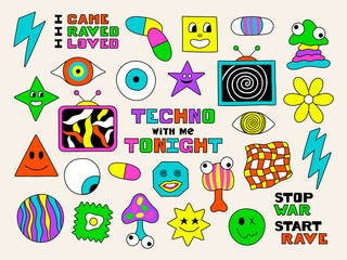 Psychedelic trippy acid rave large set. Trendy abstract characters, objects in cartoon style. 60s, 70s, hippie elements