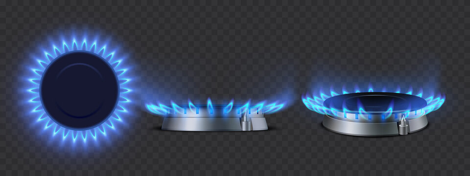 Realistic Set Of Gas Burners Side, Top, And Perspective View. Propane Butane Blue Flame In Cooking Oven.