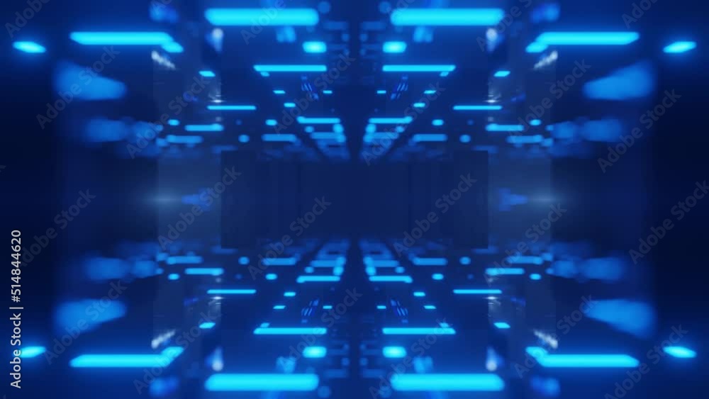 Poster fly through symmetrical technology cyberspace with neon glow. sci-fi flight through hi-tech technolo