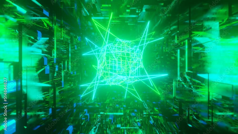 Poster 3d object or structure rotates and moves inside glass mirror tunnel with neon light, bright reflecti