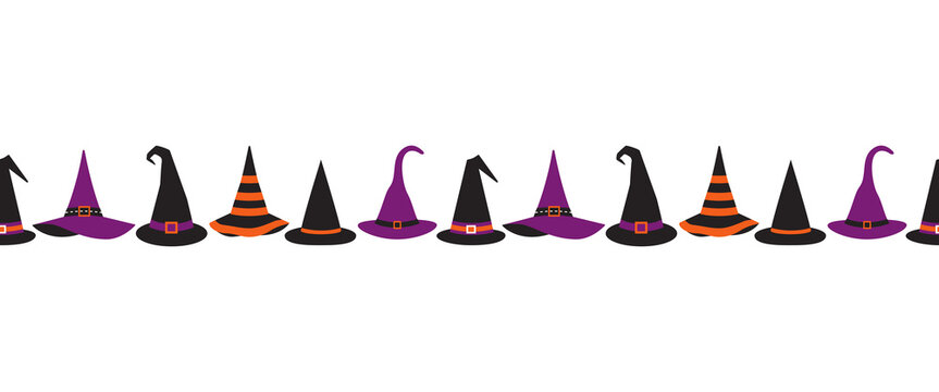 Halloween witch hats fancy seamless border vector pattern. Cute wizard caps cartoon design element. Halloween symbol set isolated. 31 October holiday fun banner background, card, flyer frame template