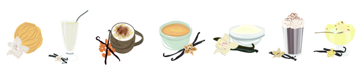 Group of tasty vanilla desserts on white background