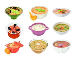 Set of traditional soups in bowls on white background