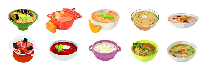 Set of traditional soups in bowls on white background