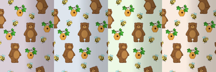 Fototapeta premium Cute brown bear with bees and a beehive. Children's vector graphics, seamless pattern