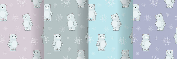 Cute polar bear on a background with snowflakes. Children's vector graphics, seamless pattern