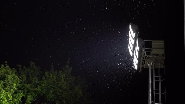 Swarm of insects and mosquitoes around the lamp of an electric spotlight at night. Many moths flying after rain or before rain in the rainy season around light bulbs in the dark outdoors. 