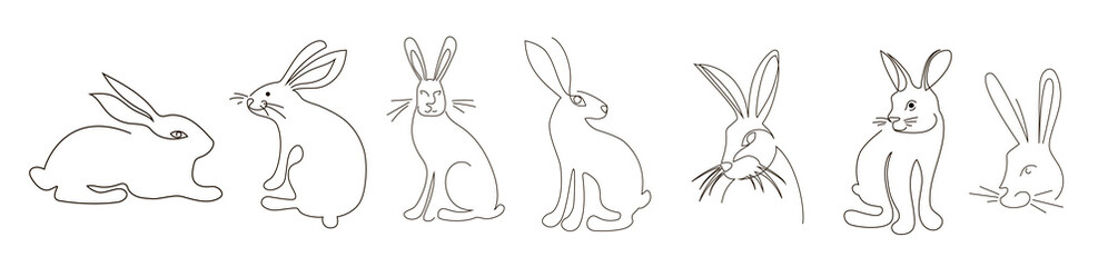Set of seven bunnies. Cute bunnies in single line style. Vector illustration isolated on white background.