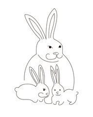 Bunny family. A mother with two children. Dad with two children. Cute bunnies in the style of one line. Vector illustration isolated on white background.