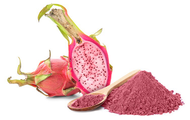 Heap of powdered pink matcha tea and fresh dragon fruit on white background