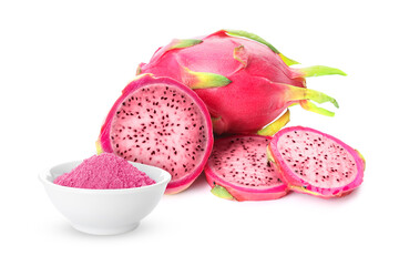 Bowl of powdered pink matcha tea and fresh dragon fruit on white background