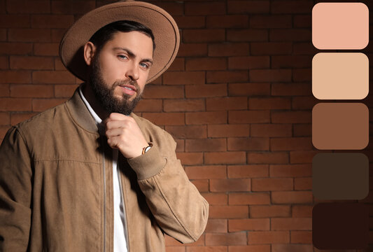 Stylish bearded man against brick wall. Different color patterns
