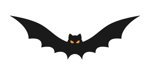 Black bat with orange evil eyes isolated on white background. Halloween vector flat element. Best for textile, print, wrapping paper, package and festive decoration.