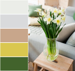 Vase with bouquet of daffodils on table in light living room. Different color patterns