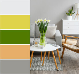 Vase with bouquet of daffodils on table in light living room. Different color patterns