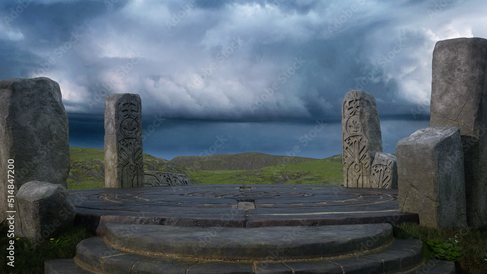 Aufkleber Mystical fantasy stone circle on a remote hill with storm clouds in the sky. 3D rendering.