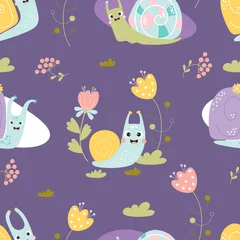 Foto op Plexiglas Seamless pattern with cute snails. Decorative insects molluscs with flowers and grass on purple background. Vector illustration. Pattern with animals for childrens collection design, decor, wallpaper © Ludmila