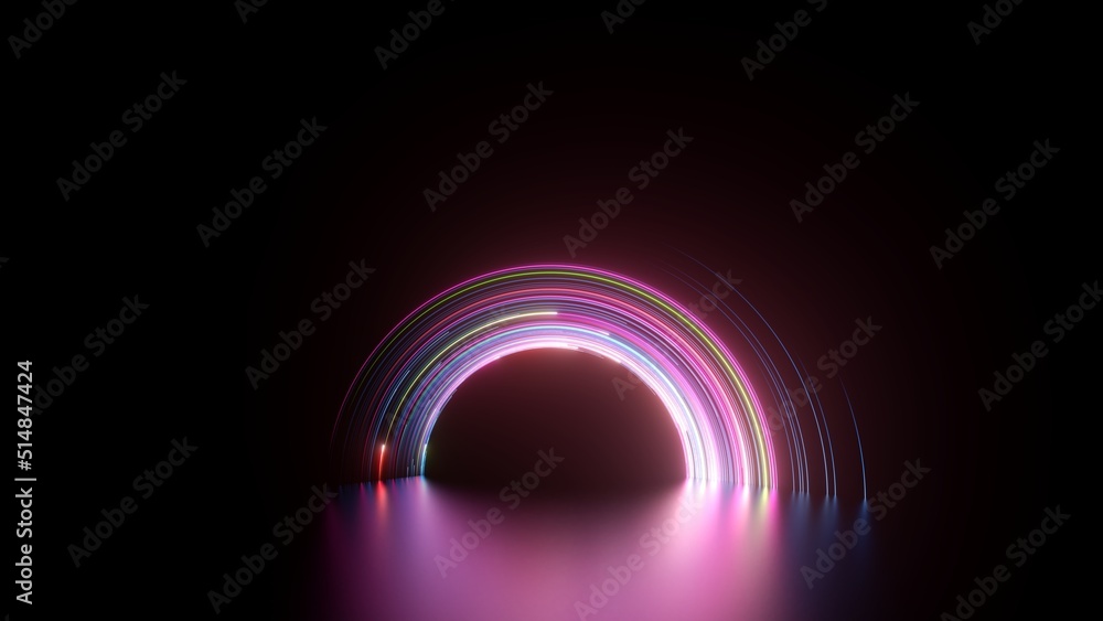 Poster 3d render, abstract black background with pink neon round arch. glowing lines and reflection