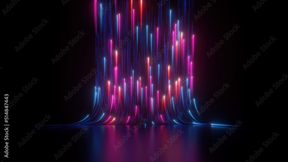 Wall mural 3d rendering, abstract neon background with ascending pink blue red glowing lines, light beam. fanta