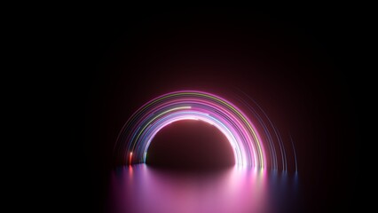 3d render, abstract black background with pink neon round arch. Glowing lines and reflection