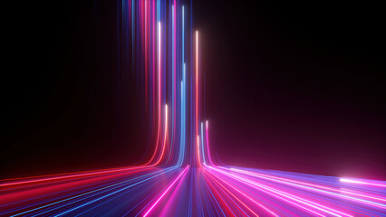 3d rendering, abstract neon background with ascending pink and blue glowing lines. Fantastic wallpaper with colorful laser rays - obrazy, fototapety, plakaty