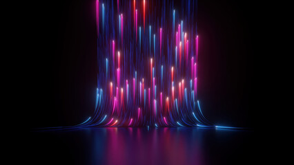 3d rendering, abstract neon background with ascending pink blue red glowing lines, light beam. Fantastic wallpaper with colorful laser rays - obrazy, fototapety, plakaty