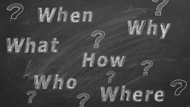 Six most common questions: Who, what, where, when, why, how with question marks. Asking questions. Having answers. Ask us, more information, research, concept. Chalk Illustration on blackboard
