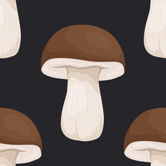 Vector Seamless Pattern with Bolete Mushroom on Black. Seamless Texture, Hand Drawn Cartoon Bolete Mushrooms. Design Template for Textile, Wallpaper, Print. Leccinum Scabrum, Penny Bun