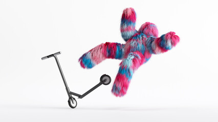 3d rendering, colorful hairy Yeti monster falls from scooter vehicle, furry beast cartoon character. Accident injury concept. Fluffy toy isolated on white background - obrazy, fototapety, plakaty