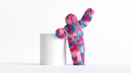 3d rendering, colorful Yeti cartoon character, funny pink blue hairy monster stands near the big blank box. Festive clip art isolated on white background - obrazy, fototapety, plakaty