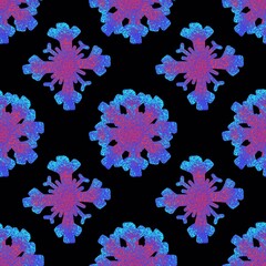 Pink, blue snowflakes on a black background. Christmas endless pattern.