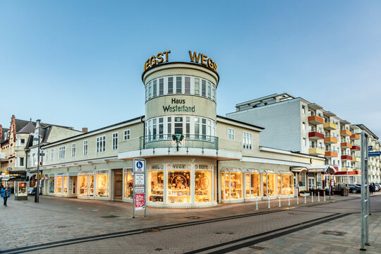 shop house Westerland in the village of Westerland at the island of Sylt in evening light