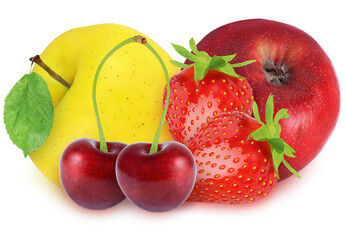 Cherry, apple and strawberry on an isolated white background. different fruits