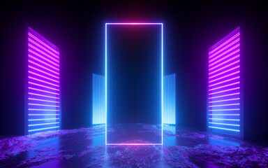 Fototapeta 3d render, pink blue neon abstract background with vertical panels glowing in ultraviolet light, futuristic power generating technology. Fantastic wallpaper obraz
