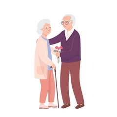 Happy elderly man gives woman bouquet of flowers. Elderly couple are standing next to each other and smiling. Grandpa and Grandma are cheerfully together.Flat vector illustration isolated on white