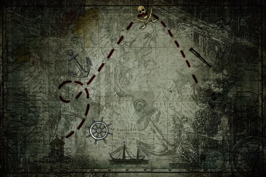 Ancient Pirate Map With Animated Dots , Animation.Full HD 1920×1080. 10 Second Long.