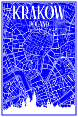 Technical drawing printout city poster with panoramic skyline and hand-drawn streets network on blue background of the downtown KRAKOW, POLAND