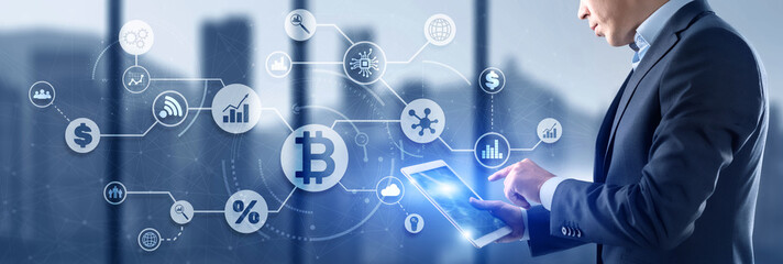 BTC. Digital money and technology worldwide network concept. Virtual bitcoin digital currency coin